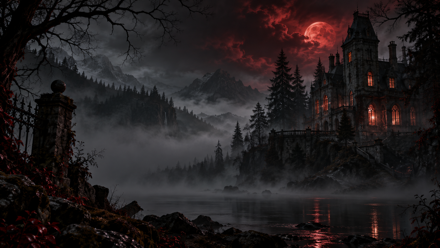 Mansión gótica envuelta en niebla bajo una luna roja: entrada al Museo de lo Inquietante
